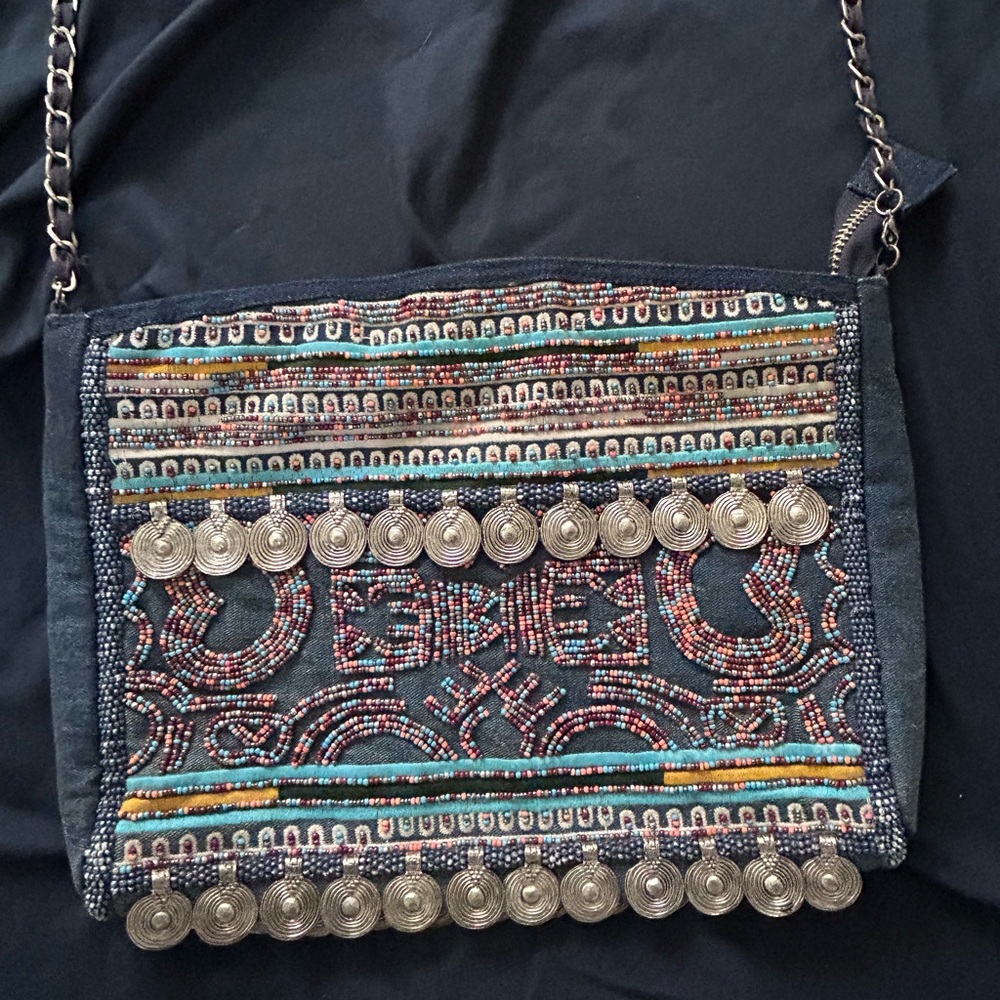 Zara Beaded Denim Crossbody Shoulder Bag Bohemian Metal Blue Hippie Boho - Picture 9 of 10